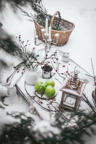 Winter Stilleven Winter Picknick Bovenaanzicht — Stockfoto