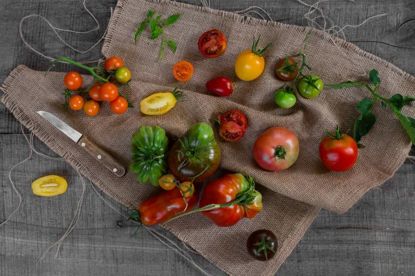 Tomaten auf einem braunen Tuch — Stockfoto