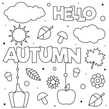 Merhaba Autumn. Boyama sayfası. Siyah ve beyaz vektör çizimi.