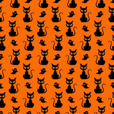 Cadılar Bayramı için neşeli ve ürkünç, parlak sarı gözlü sevimli siyah kediler ve parlak turuncu arka planda dost canlısı beyaz hayaletler içeren kusursuz bir şablon. Tatil tekstili, dijital kağıt ve şenlikli dekor için mükemmel..