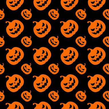 Klasik ve şenlikli cadılar bayramı desenli, gülümseyen ve koyu siyah arka planda parlak turuncu renkli, ürkütücü balkabağı fenerleri olan. Tekstil, dijital kağıt ve mevsimlik el sanatları için ideal..