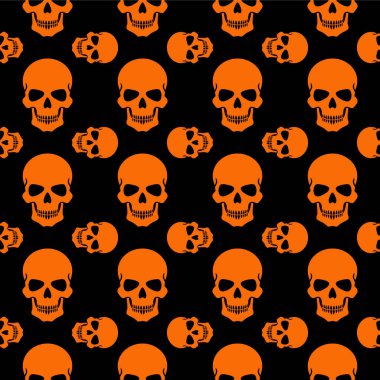 Siyah arka planda parlak turuncu kafatasları olan ürkütücü bir Cadılar Bayramı temalı kusursuz desen. Tekstil, dijital kağıt ve mevsimlik dekorasyonlar için mükemmel..