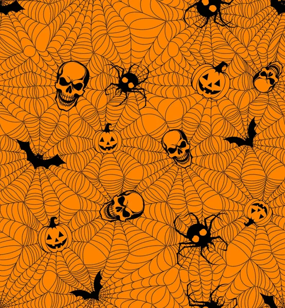 Örümcek ağları, yarasalar, kafatasları ve turuncu arka planda balkabakları olan ürkütücü Cadılar Bayramı desenleri. Tekstil ve kağıt tasarımı için mükemmel.