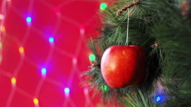 Vejetaryen Noel konseri. Ağaç taze meyvelerle süslenmiştir. Kırmızı arkaplanda Bokeh ile birlikte çam dalında çiğ elma. Minimalizm ve çevre dostu ziyan olmadan kutlama fikri. Boşluğu kopyala