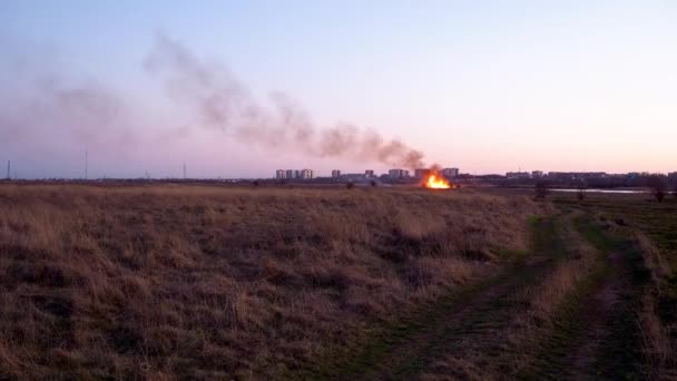 Saisonale Steppenbrände. Großbrand auf einem Feld mit trockenem Gras in der Nähe der Stadt. Brennende Landung. Flammen aus Feuer und Rauch. Außergewöhnlicher Vorfall. — Stockvideo