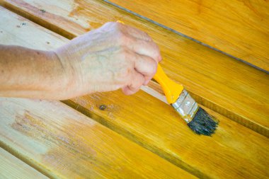 Korumaya dayanıklı boyayla ahşap bir bank boyamak. Kadın eli, fırçayla sarı bir gebelik uygular. Böceklerin yüzey tedavisi. DIY konsepti. Kapat..