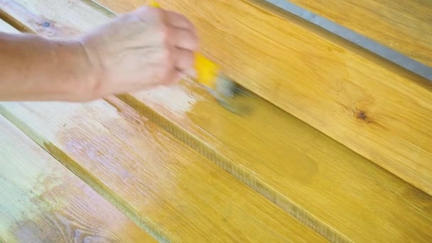 Ζωγραφίζοντας έναν ξύλινο πάγκο με προστατευτικό ανθεκτικό στις καιρικές συνθήκες χρώμα. Το γυναικείο χέρι εφαρμόζει ένα κίτρινο εμποτισμό με ένα πινέλο. Επεξεργασία επιφάνειας από έντομα. Η έννοια του DIY. Κλείσε.. — Αρχείο Βίντεο