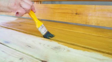 Korumaya dayanıklı boyayla ahşap bir bank boyamak. Kadın eli, fırçayla sarı bir gebelik uygular. Böceklerin yüzey tedavisi. DIY konsepti. Kapat..