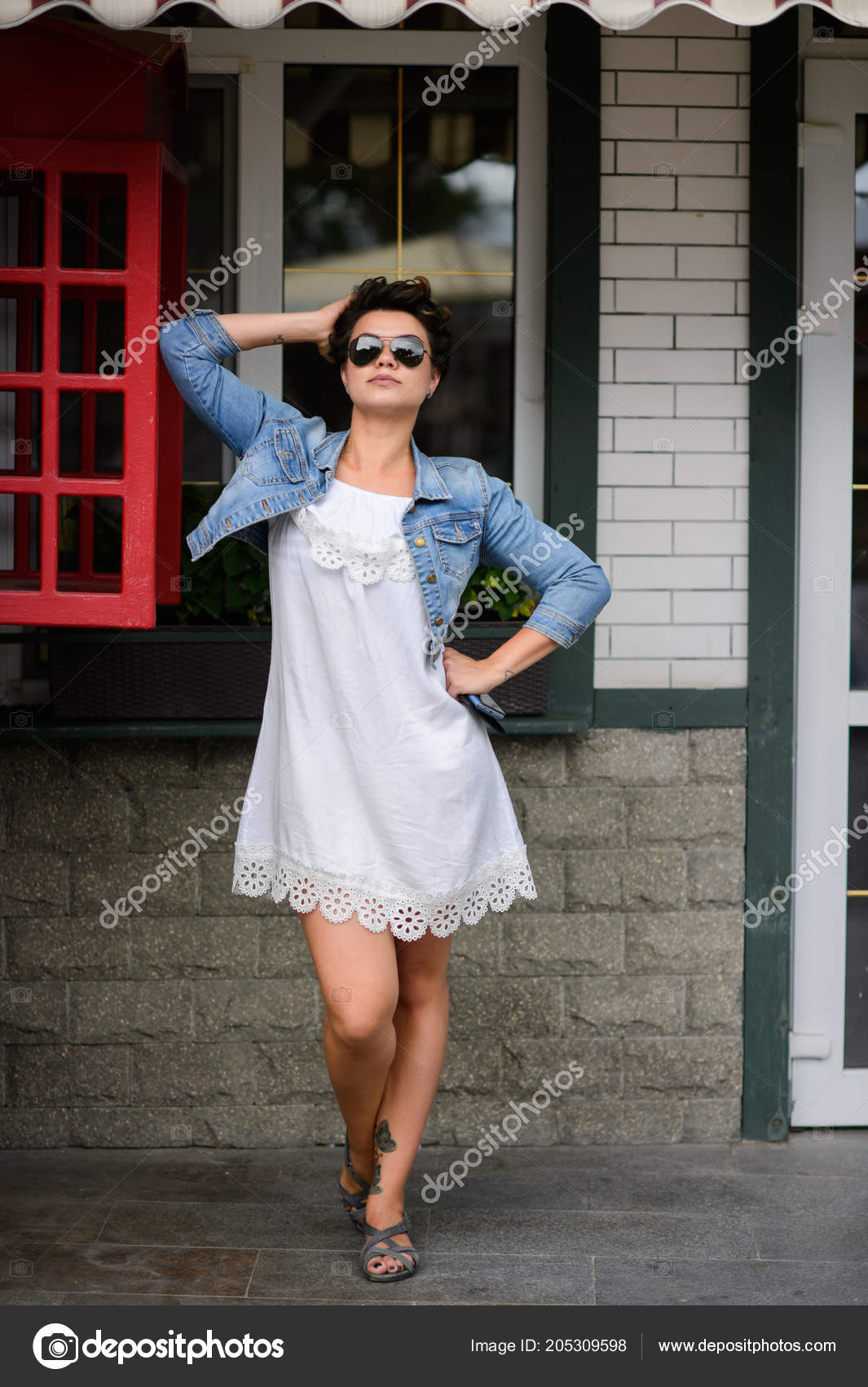 Sexy Girl Short Hair Outdoor Cafe Summer Day Stock Photo