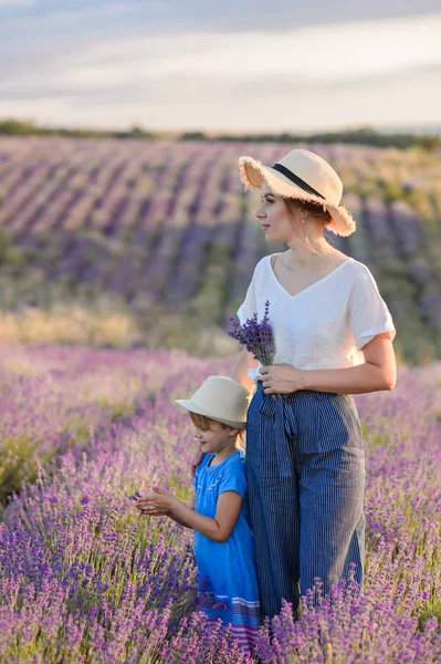 Mãe Menina Caminham Campo Lavanda — Fotografia de Stock