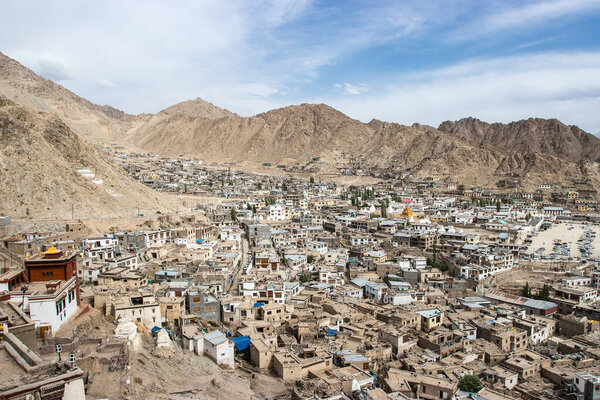 The landscape of Leh-Ladakh city with blue sky, northern India. It is located in the Indian Himalayas at an altitude of 3500 meters.