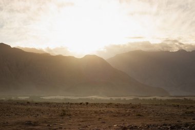 Hindistan 'ın Nubra Vadisi' nde, Leh Ladakh 'ta gündoğumu arka planında çarpıcı bir ışık ve güzel bir sis var. Lens alevli ışık manzarası.