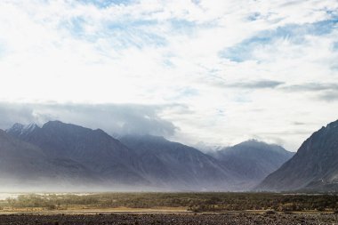 Hindistan, Leh Ladakh, Nubra Vadisi 'ndeki güzel sis ve kum tepeciği. Lens parlamalı ışık parlaklığı.