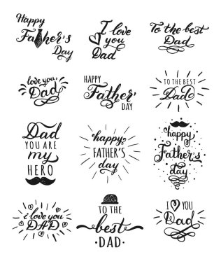 Mutlu babalar günü tipografi koleksiyonu. 12 el yazısı yazı yazıt için tebrik kartları ve diğer yazdırma şablonları. Vektör Amblemler.