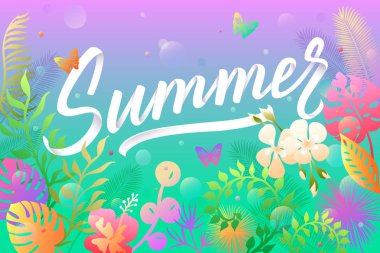 Yaz arka plan ile renkli tropikal yapraklar ve çiçekler. Vektör çizim