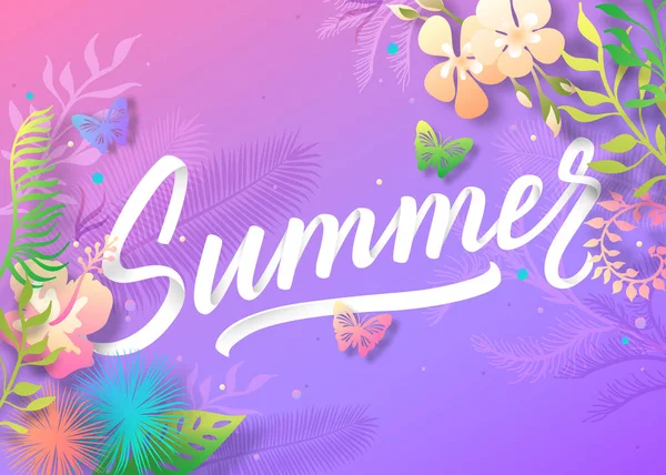 Summer background with colorful tropical leaves and flowers. Summer handwritten lettering inscription for posters, flyers, brochures or vouchers design. Vector illustration — Stock Vector
