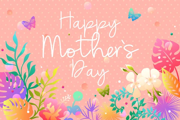 Biglietto di auguri per la festa della mamma con foglie tropicali colorate e fiori. Illustrazione vettoriale — Vettoriale Stock