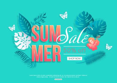 Yaz satış banner şablon online alışveriş için. Kağıt ile renkli reklam kesmek tropikal palmiye yaprakları, kelebek. Origami stil vektör çizim.