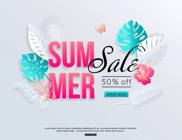 Banner de venta de verano con hojas de palma tropical cortadas en papel, mariposa. Origami estilo vector ilustración . — Vector de stock