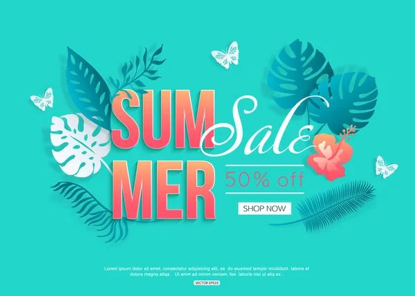 Plantilla de banner de venta de verano para compras online. Anuncio colorido con hojas de palma tropical cortadas en papel, mariposa. Origami estilo vector ilustración . — Vector de stock