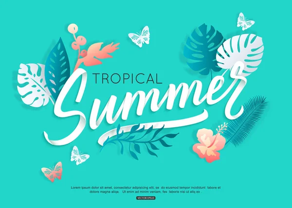 Summer typography design with tropical floral, leaf and paper lettering inscription for banner, poster, flyer. Vector illustration — Stock Vector