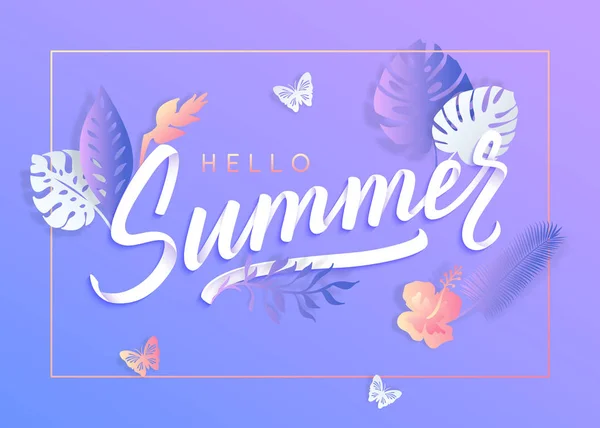 Ultra violet καλοκαίρι τυπογραφία σχεδιασμός με τροπικά λουλούδια, φύλλα και χαρτί γραμμάτων επιγραφή για banner, αφίσα, το flyer. Εικονογράφηση διάνυσμα — Διανυσματικό Αρχείο