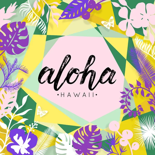 Letras de Aloha. Vetor tropical floral bacground com borboleta e folhas de palma. Modelo para cartaz, banner, impressão para t-shirt . — Vetor de Stock