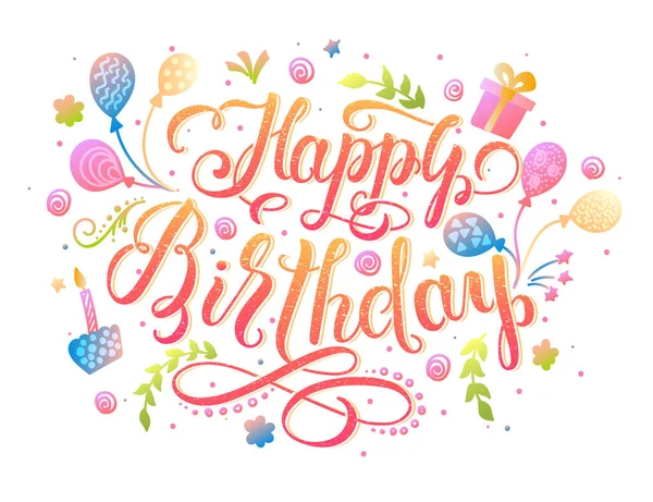 Happy Birthday belettering van ontwerp voor wenskaart ingericht hand getekende kaars, taart en gift box. Verjaardag handgeschreven inscriptie, vectorillustratie. — Stockvector