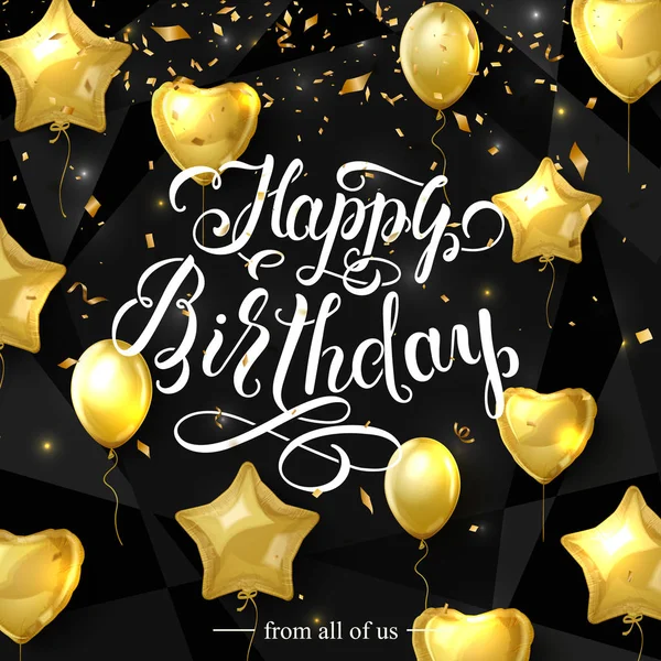 Vector birthday elegant greeting card with gold balloons and falling confetti. Happy birthday handwritten lettering inscription. Vector illustration — Stock Vector