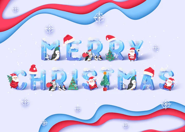 Prettige kerstdagen en gelukkig Nieuwjaar banner. Vrolijke kerstman en pinguïn vector illustratie — Stockvector