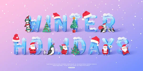 Fondo de vacaciones de invierno con letras de hielo 3d y Santa Claus, pingüino y árbol de Navidad. Ilustración vectorial . — Vector de stock