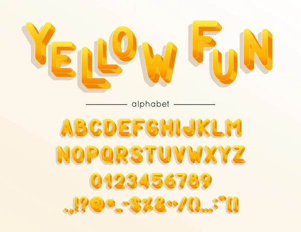 向量黄色乐趣字体和字母表。带有五颜六色的字母、数字和符号的类型 — 图库矢量图片