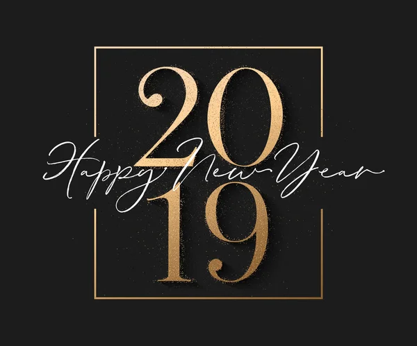 Feliz año nuevo diseño fondo negro con texto de oro 2019 y partículas de brillo. Iluatración vectorial — Vector de stock