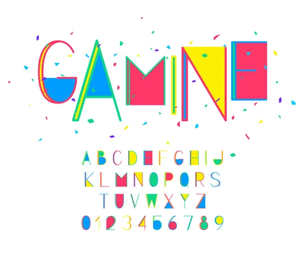 Gamine-Schrift und Alphabet-Vektorzahlen und Buchstaben für brillantes Design — Stockvektor