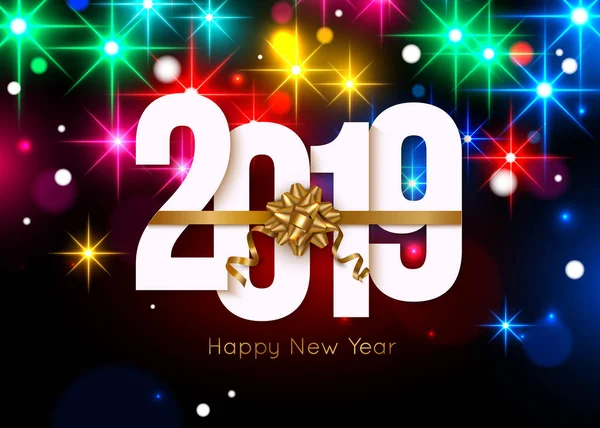 Feliz Año Nuevo 2019 fondo con fuegos artificiales brillantes. Ilustración vectorial — Vector de stock