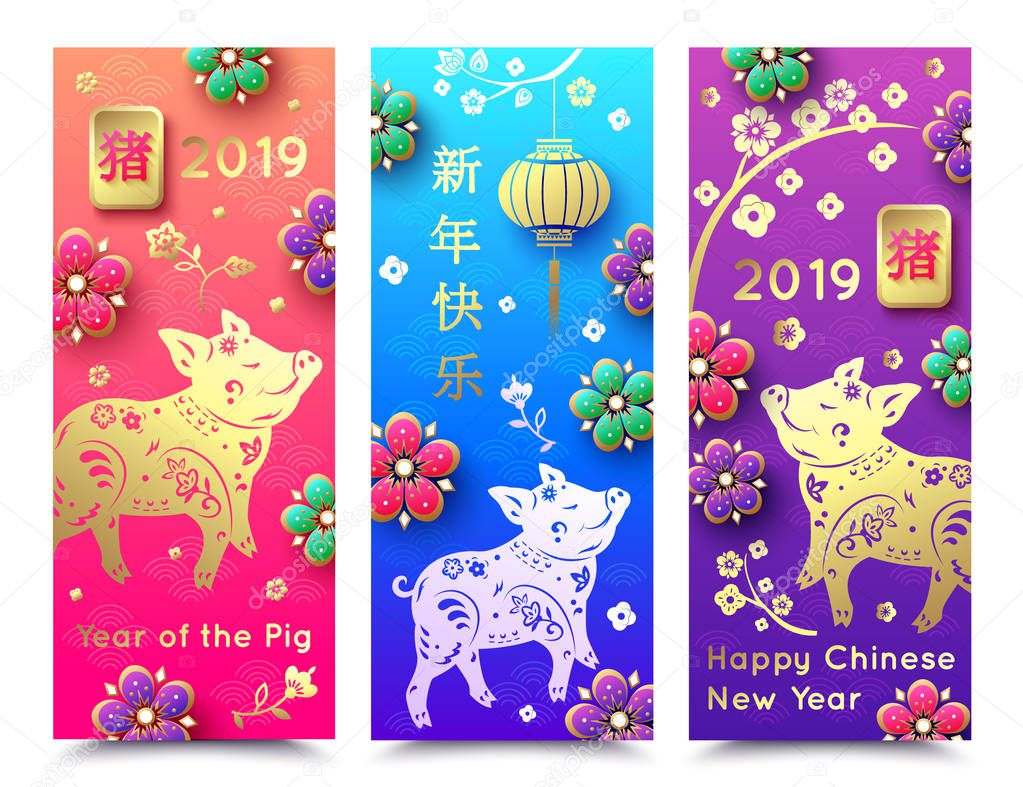 Happy Chinese New Year 2019 colorful banner template with gold pig and lantern, flowers. Translation of hieroglyphs: Happy Chinese New Year