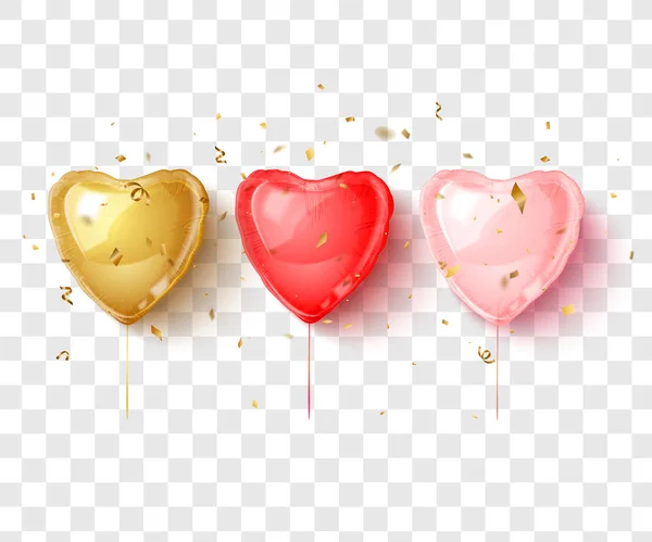 Balão de corações de ouro, vermelho e rosa. Design de férias. Ilustração vetorial — Vetor de Stock