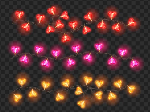 Ampoules lumineuses en forme de coeur néon. Guirlande de vacances — Image vectorielle