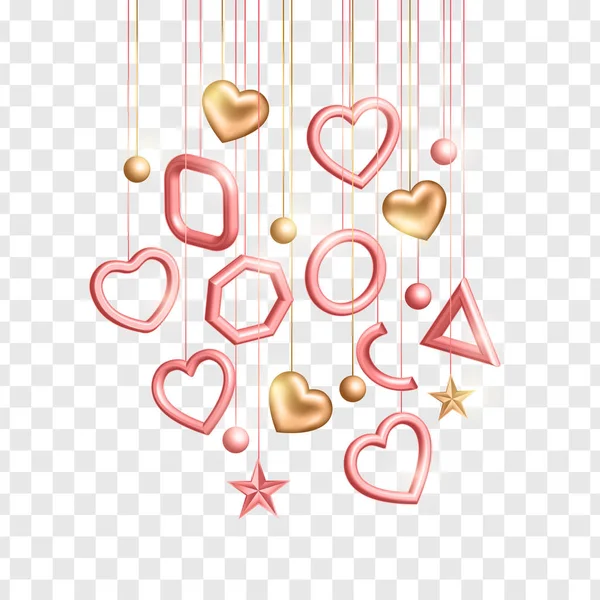 Valentines Day design with hanging 3d gold, pink hearts on transparent background. Vector illustration — Stock Vector