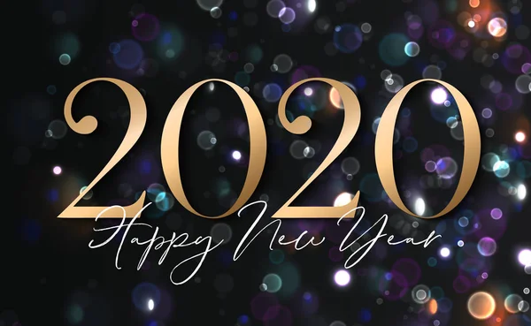 2020 happy nytt år bakgrund med guld nummer och färgglada bokeh. Vektorillustration — Stock vektor