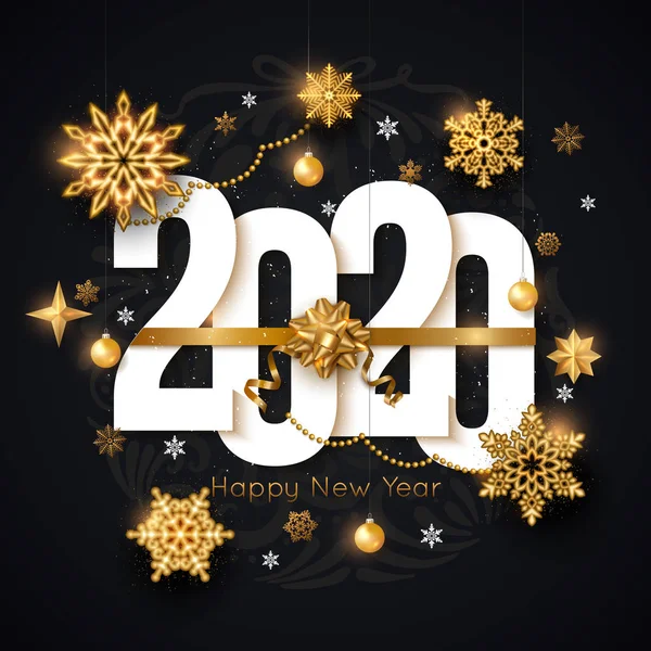 2020 Feliz Ano Novo fundo decorado flocos de neve de ouro e estrelas. Ilustração vetorial — Vetor de Stock
