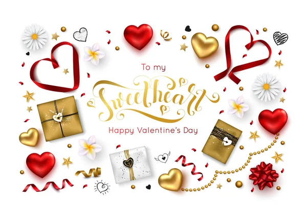 Composizione San Valentino con romantica calligrafia Iscrizione cuori rossi nastri di seta scatole regalo e fiori primaverili per cartolina di auguri banner o poster — Vettoriale Stock