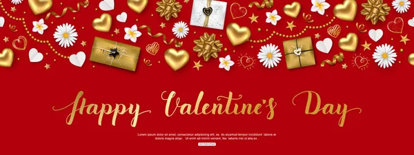 Composición del día de San Valentín con corazones de vista superior, caja de regalo, serpentina, estrellas y flores para tarjeta de felicitación, póster, pancarta. Ilustración vectorial . — Archivo Imágenes Vectoriales