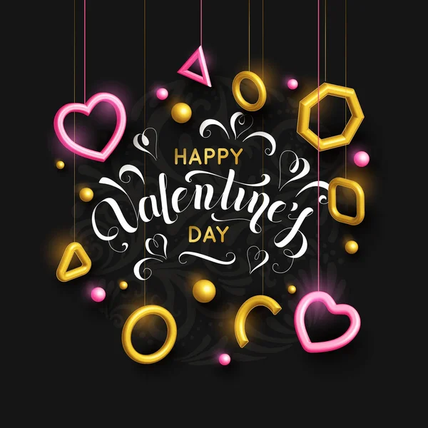 San Valentino sfondo con cuori rosa appesi e lettering elegante. Illustrazione vettoriale 3d per gli amanti delle vacanze. Biglietto d'amore — Vettoriale Stock