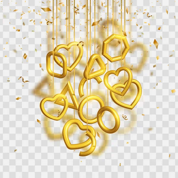 Valentijnsdag ontwerp met hangende 3d gouden harten op transparante achtergrond. Liefde vectorillustratie — Stockvector