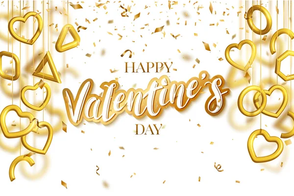 San Valentino disegno biglietto di auguri con appeso cuori d'oro 3d e coriandoli. Letteratura taglio stile carta. Illustrazione vettoriale amore — Vettoriale Stock