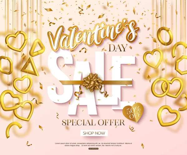 San Valentino vendita banner design con appeso cuori d'oro 3d e coriandoli. Letteratura taglio stile carta. Illustrazione vettoriale amore — Vettoriale Stock