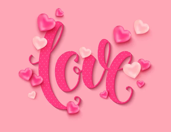 Dia dos Namorados fundo. Ame a inscrição caligráfica decorada balões rosa na forma de coração para cartaz de banner de compras on-line. Ilustração vetorial — Vetor de Stock