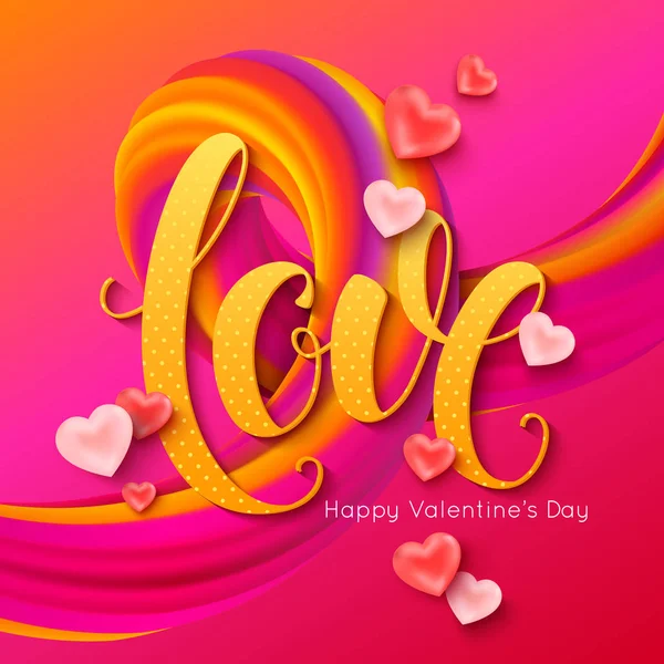 Valentijnsdag banner lay-out. Kalligrafische inscriptie van de liefde met roze ballonnen vorm van hart- en 3D-curl. Vectorillustratie — Stockvector