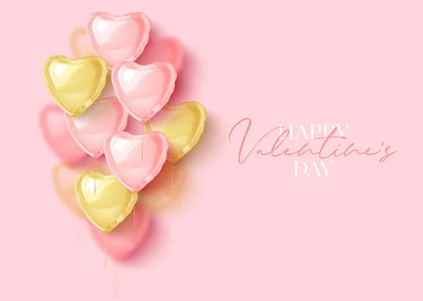 Feliz dia de São Valentim cartão de saudação com 3d rosa e corações de balão de ouro. Ilustração vetorial —  Vetores de Stock